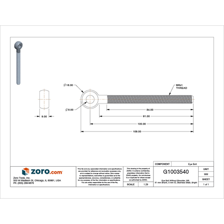 Kipp Eye Bolt Without Shoulder, M8, 91 mm Shank, 8 mm ID, Stainless Steel, Bright K1418.108100